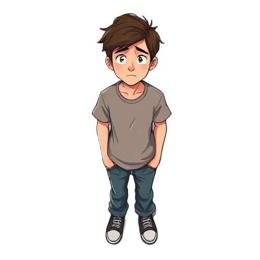  young adult male character, viewed from a top-down perspective, standing idle, wearing simple cozy casual clothes (plain t-shirt and jeans), slightly messy hair, tired expression,