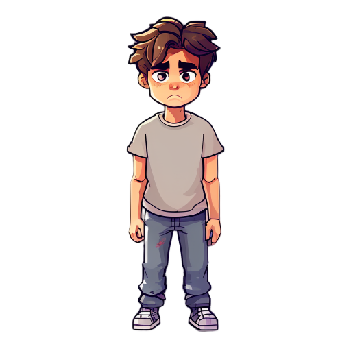 pixel, young adult male character, viewed from a top-down perspective, standing idle, wearing simple cozy casual clothes (plain t-shirt and jeans), slightly messy hair, tired expression,