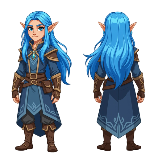 mage elf with blue hair and long hair