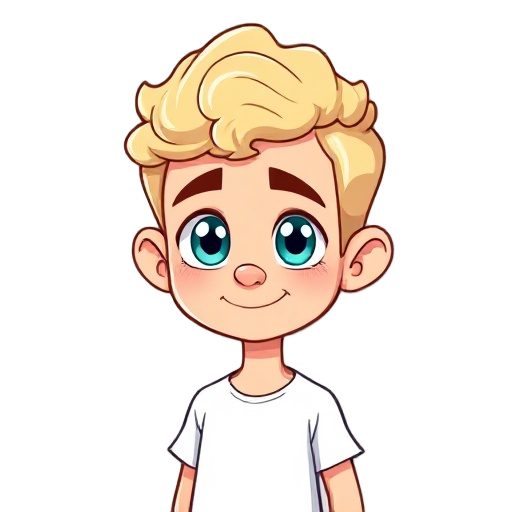 small cartoon-style sprite of a tall boy with blue-green eyes, short curly blond hair, slightly big ears, and a straight medium-sized nose. he’s wearing a simple t-shirt, shown full body, smiling
