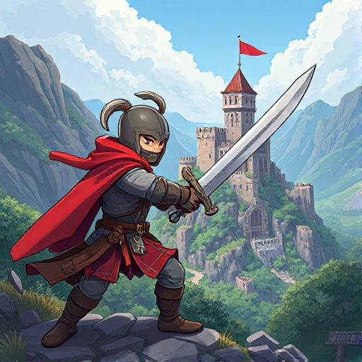 guerreiro segurando uma espada olhando para um castelo no fundo de uma paisagem