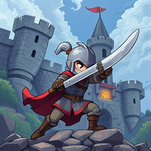 guerreiro segurando uma espada olhando para um castelo no fundo do cenário