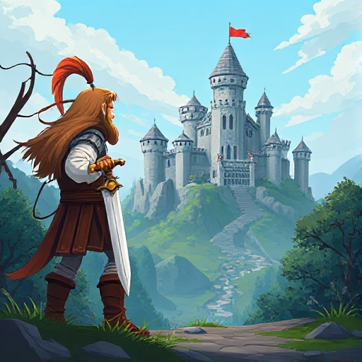 a warrior appear full body holding a sword and looking for a castle in the background