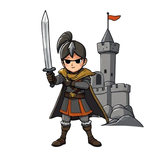 guerreiro segurando uma espada olhando para um castelo no fundo do cenário