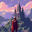 a warrior appear full body holding a sword and looking for a castle in the background