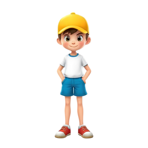 a boy wearing an blue shorts, white shirt and yellow cap