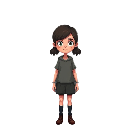 i will make a game where the character of anie will scape from a concentration camp, make the character for me, is a 12 years old little girl.