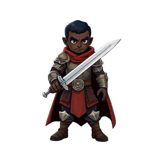 um cavaleiro, rosto negro, cabelo curto, veste de armadura completa marrom clara e capa marrom, usando uma espada de duas mãos  dourada, lutando contra um orc que usa um machado. em um circulo de fogo