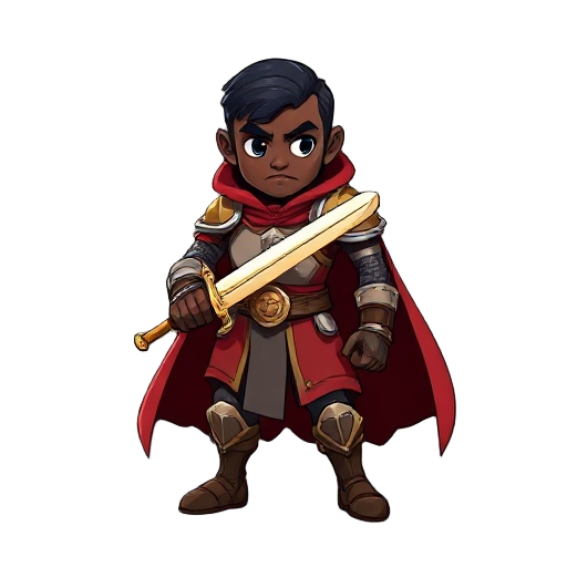 um cavaleiro, rosto negro, cabelo curto, veste de armadura completa marrom clara e capa marrom, segurando espada amarela com duas mãos , lutando contra um orc que usa um machado. em um circulo de fogo