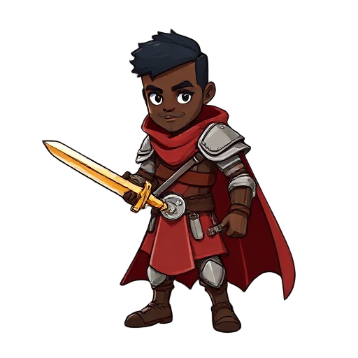 um cavaleiro, rosto negro, cabelo curto, veste de armadura completa marrom clara e capa marrom, segurando espada amarela com duas mãos , lutando contra um orc que usa um machado. em um circulo de fogo