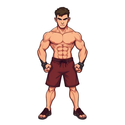 crie um sprite em pixel arte de um lutador em posição idle com movimentos de respiração. o lutador é estilo mma sem camiseta, de bermuda preta, luvas com dedos para fora e sem sapatos. lutador careca 