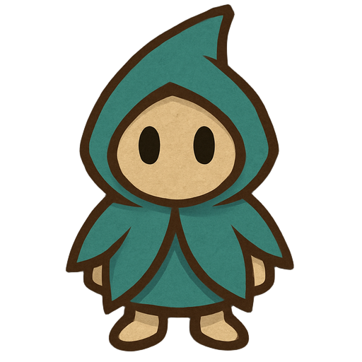 2d illustration im papier-/papercraft-look, inspiriert von videospiel-sprites, cartoonhaft, klare braune outlines, leichte papiertextur. kopf: beige, rundes gesicht mit zwei schwarzen ovalen augen.  umhang/kapuze: groß, türkis, wirkt wie blätter oder stof