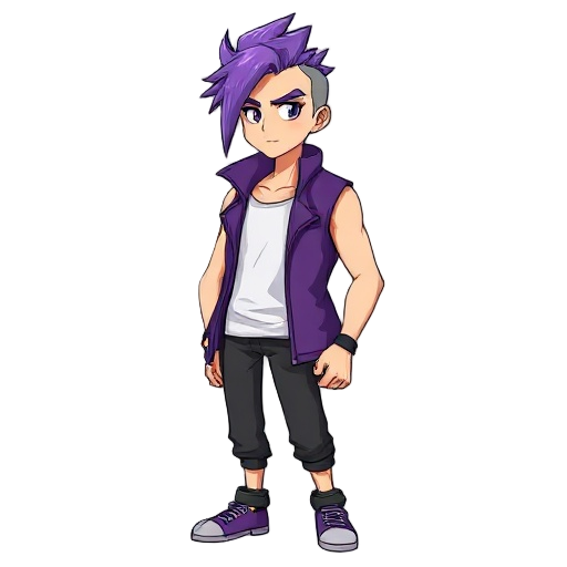 a male character with purple hair shaved on the sides and in front, long, raised and half on the side, an open purple sleeveless jacket, inside the jacket a white sleeveless shirt, pa