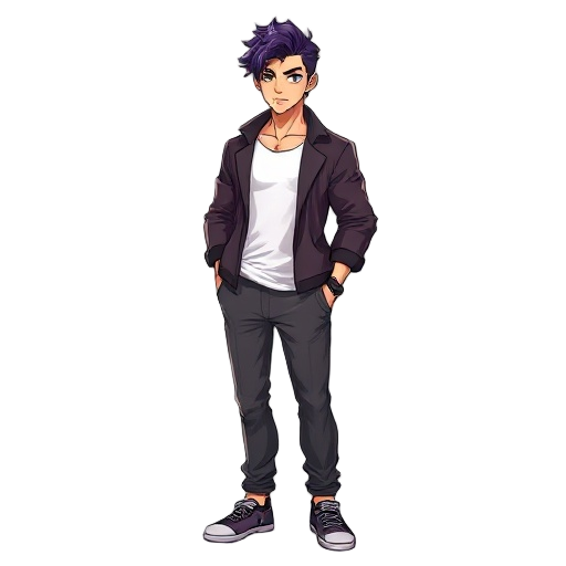 un personaje hombre com cabello morado estilo rapado a los lados y adelante largo levantado y medio de lado, chaqueta abierta morada sin mangas, adentro de la chaqueta una camisa blanca sin mangas, pantalónes oscuros y largos, zapatos morados, y un estilo
