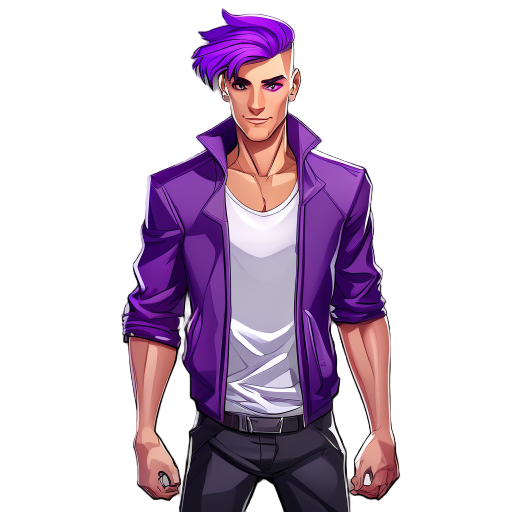 a male character with purple hair shaved on the sides and in front, long, raised and half on the side, an open purple sleeveless jacket, inside the jacket a white sleeveless shirt, pa