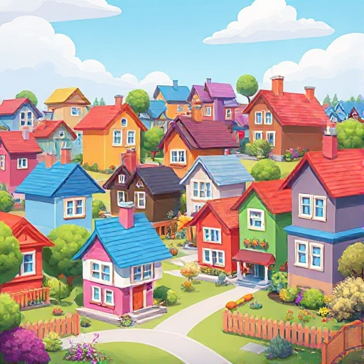 a neighborhood of colorful houses