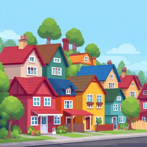 an image of the neighborhood of colorful houses, in pixel-art, 8 colors