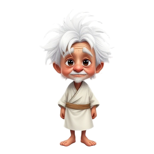 make and old man with oversized head, petite body - hair: pure white, slightly messy, medium length - outfit: simple white tunic or robe, loose fit, minimal details - feet: barefoot, visible toes 
