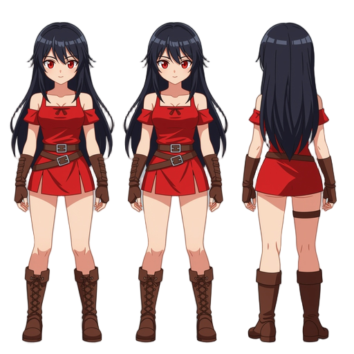 anime girl, long black hair, bangs, straight hair red eyes, red cheeks, flat chested, short red tunic, leather belt, leather gloves, leather boots, 