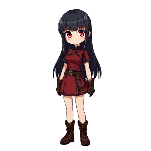 anime girl, long black hair, bangs, red eyes, short red tunic, leather belt, leather gloves, leather boots, 