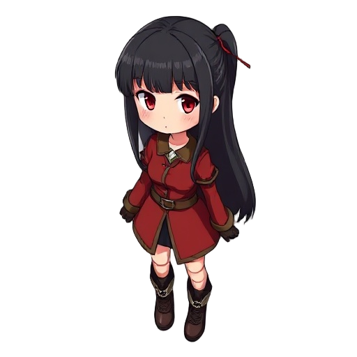 anime girl, long black hair, bangs, red eyes, red cheeks, short red tunic, leather belt, leather gloves, leather boots, 