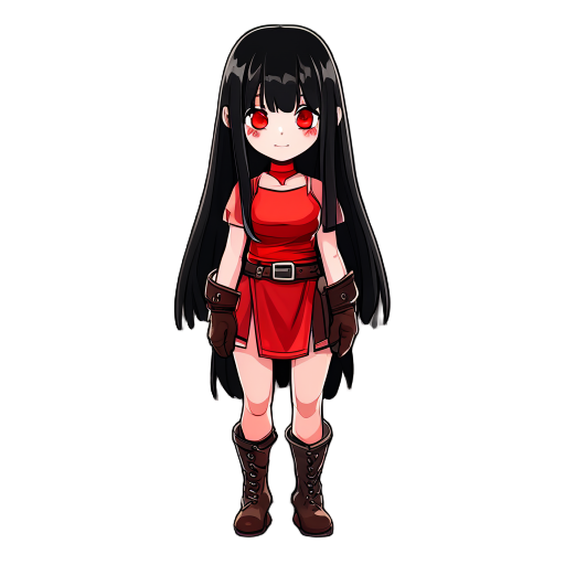anime girl, long black hair, bangs, straight hair red eyes, red cheeks, short red tunic, leather belt, leather gloves, leather boots, 