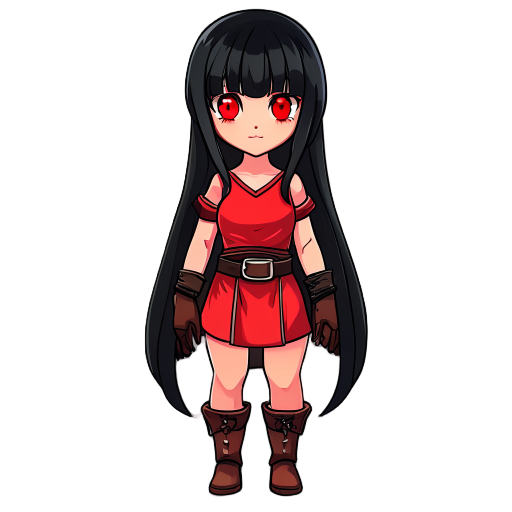 anime girl, long black hair, bangs, straight hair red eyes, red cheeks, flat chested, short red tunic, leather belt, leather gloves, leather boots, 