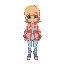 blonde girl, green eyes, pink cardigan, light blue jeans