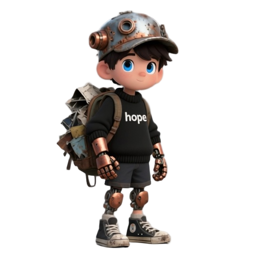 ddark-haired boy with wide blue eyes. wears a mechanical scrap-metal hat and rusty copper prosthetic hands and legs—bulky, heavy, and worn. black sweater with “hope” printed on it, dark shorts, and worn converse-style shoes. carries a scrap-packed backpac