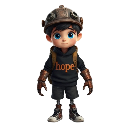 ddark-haired boy with wide blue eyes. wears a mechanical scrap-metal hat and rusty copper prosthetic hands and legs—bulky, heavy, and worn. black sweater with “hope” printed on it, dark shorts, and worn converse-style shoes. carries a scrap-packed backpac