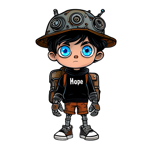 ddark-haired boy with wide blue eyes. wears a mechanical scrap-metal hat and rusty copper prosthetic hands and legs—bulky, heavy, and worn. black sweater with “hope” printed on it, dark shorts, and worn converse-style shoes. carries a scrap-packed backpac