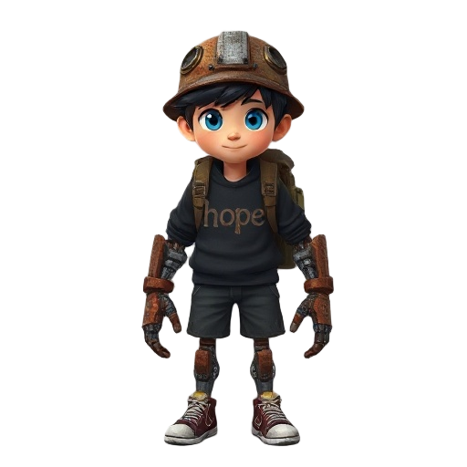 ddark-haired boy with wide blue eyes. wears a mechanical scrap-metal hat and rusty copper prosthetic hands and legs—bulky, heavy, and worn. black sweater with “hope” printed on it, dark shorts, and worn converse-style shoes. carries a scrap-packed backpac