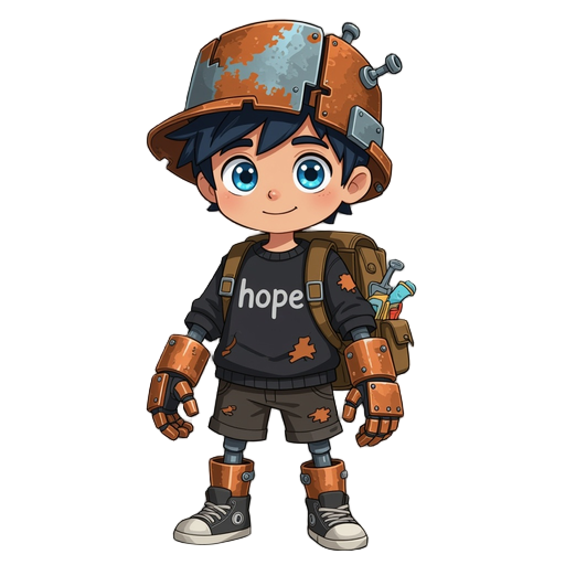 ddark-haired boy with wide blue eyes. wears a mechanical scrap-metal hat and rusty copper prosthetic hands and legs—bulky, heavy, and worn. black sweater with “hope” printed on it, dark shorts, and worn converse-style shoes. carries a scrap-packed backpac