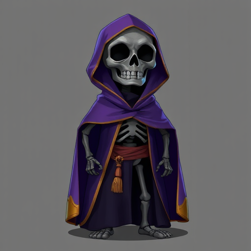 a black skeleton wearing a purple robe with gold trim
