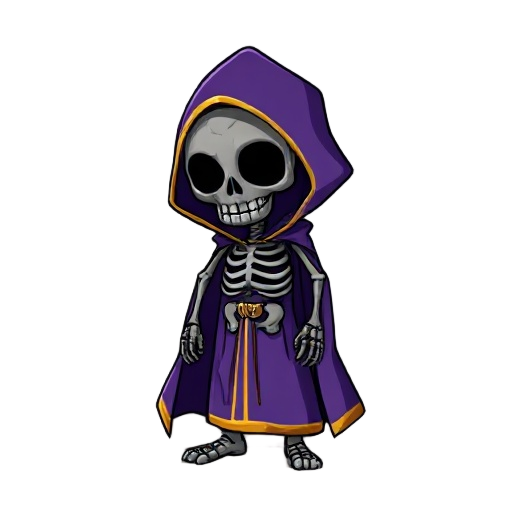 a black skeleton wearing a purple robe with gold trim