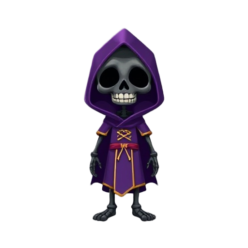 a black skeleton wearing a purple robe with gold trim