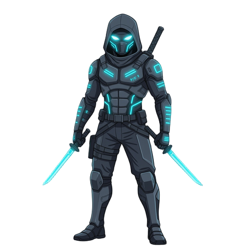 cyber ninja that have blue glowy stripes on his cybernetic suit 