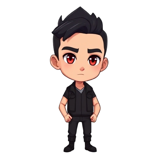 homem de cabelos escuros, olhos vermelhos, cicatriz no olho esquerdo, vestes pretas, estilo anime, corpo de um homem adulto normal