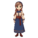 long light brown hair, dark brown hair wrap. green eyes, off white shirt with a blue detailing on the seams. red thick belt with a long blue skirt with a red line detail on the bottom. brown shoes. based on traditional slavic outfits 