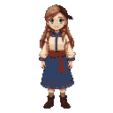 long light brown hair, dark brown hair bandana. green eyes, off white shirt with a blue detailing on the seams. red thick belt with a blue skirt with a red line detail on the bottom. brown shoes. based on traditional slavic outfits 