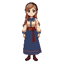 long light brown hair, dark brown hair wrap. green eyes, off white shirt with a blue detailing on the seams. red thick belt with a long blue skirt with a red line detail on the bottom. brown shoes. based on traditional slavic outfits 