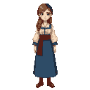 long light brown hair, dark brown hair wrap. green eyes, off white shirt with a blue detailing on the seams. red thick belt with a long blue skirt with a red line detail on the bottom. brown shoes. based on traditional slavic outfits 
