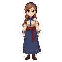 long light brown hair, dark brown hair wrap. green eyes, off white shirt with a blue detailing on the seams. red thick belt with a long blue skirt with a red line detail on the bottom. brown shoes. based on traditional slavic outfits 