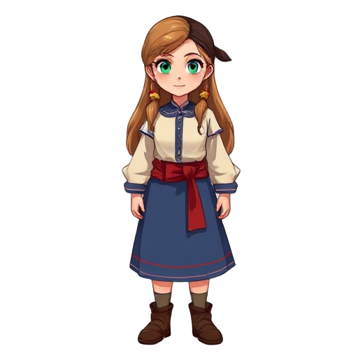 long light brown hair, dark brown hair bandana. green eyes, off white shirt with a blue detailing on the seams. red thick belt with a blue skirt with a red line detail on the bottom. brown shoes. based on traditional slavic outfits 
