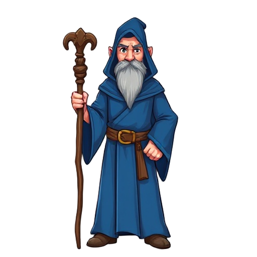 a mage wearing a blue robe from top to bottom with a belt at the waist holding a wooden staff and is about 40 years old.