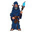 a mage wearing a blue robe from top to bottom with a belt at the waist holding a wooden staff which has a shining blue crystal at the top and is about 40 years old.