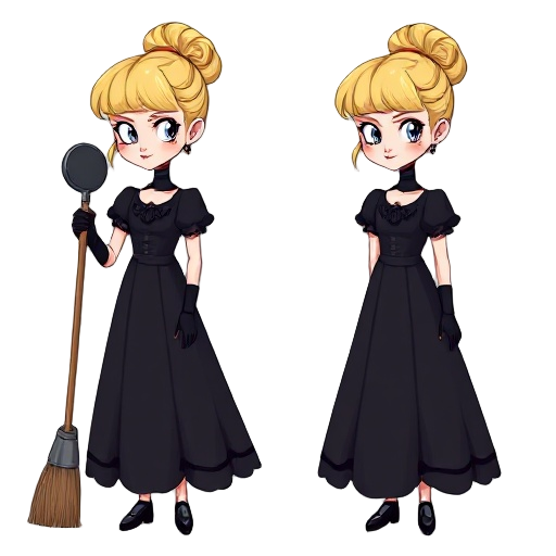 a gothic cinderella character for a retro-style mobile game. the character is a pale-skinned girl with blonde hair in a bun, wearing a black gothic dress and black gloves. she holds a broom or frying pan as a weapon. include 5 animations in rows: idle (su