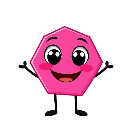 "create a cute and expressive 2d cartoon character shaped like a hot pink hexagon. the character should have large, friendly eyes with white sclera and black pupils, a cheerful smiling mouth, thin black stick-like arms and legs, and a simple clean design.