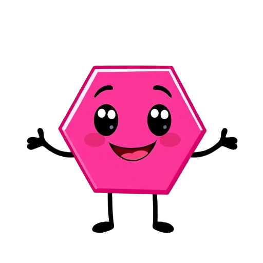 "create a cute and expressive 2d cartoon character shaped like a hot pink hexagon. the character should have large, friendly eyes with white sclera and black pupils, a cheerful smiling mouth, thin black stick-like arms and legs, and a simple clean design.