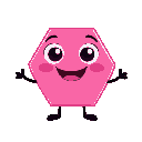 "create a cute and expressive 2d cartoon character shaped like a hot pink hexagon. the character should have large, friendly eyes with white sclera and black pupils, a cheerful smiling mouth, thin black stick-like arms and legs, and a simple clean design.